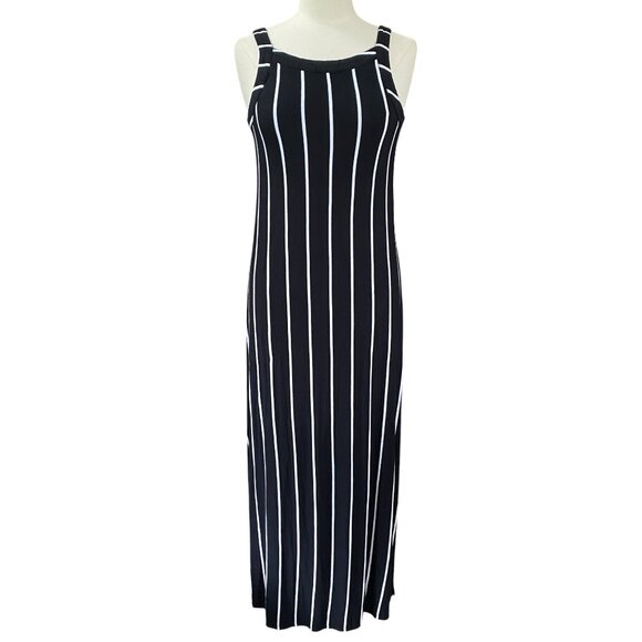 Soma Striped Sleeveless Maxi Dress Black Pockets Beach Vacation Nautical Sz S - Picture 1 of 14